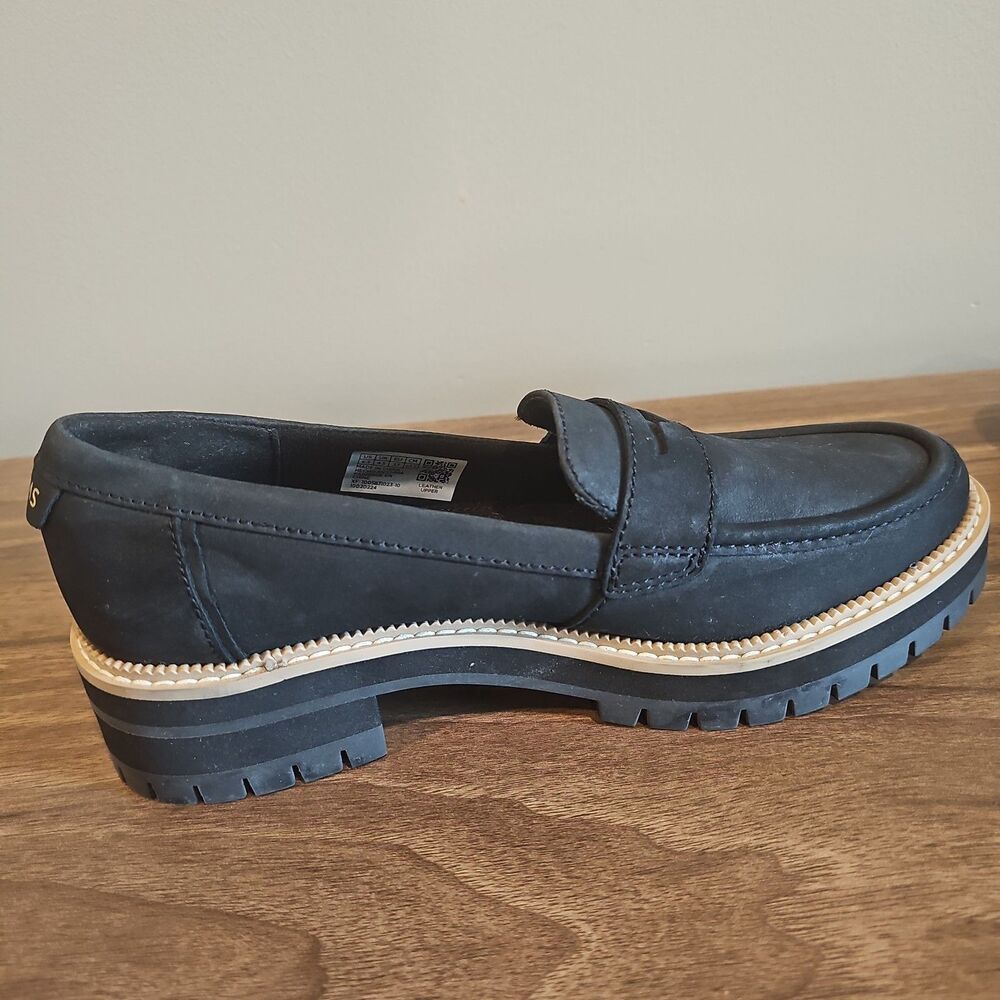 TOMS Wear Good Black Platform Leather Penny Loafers Womans Size 6.5 Like New - Picture 5 of 14